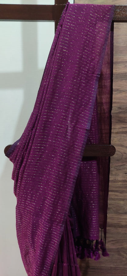 Wine Mul Cotton Vertical zari stripped Saree
