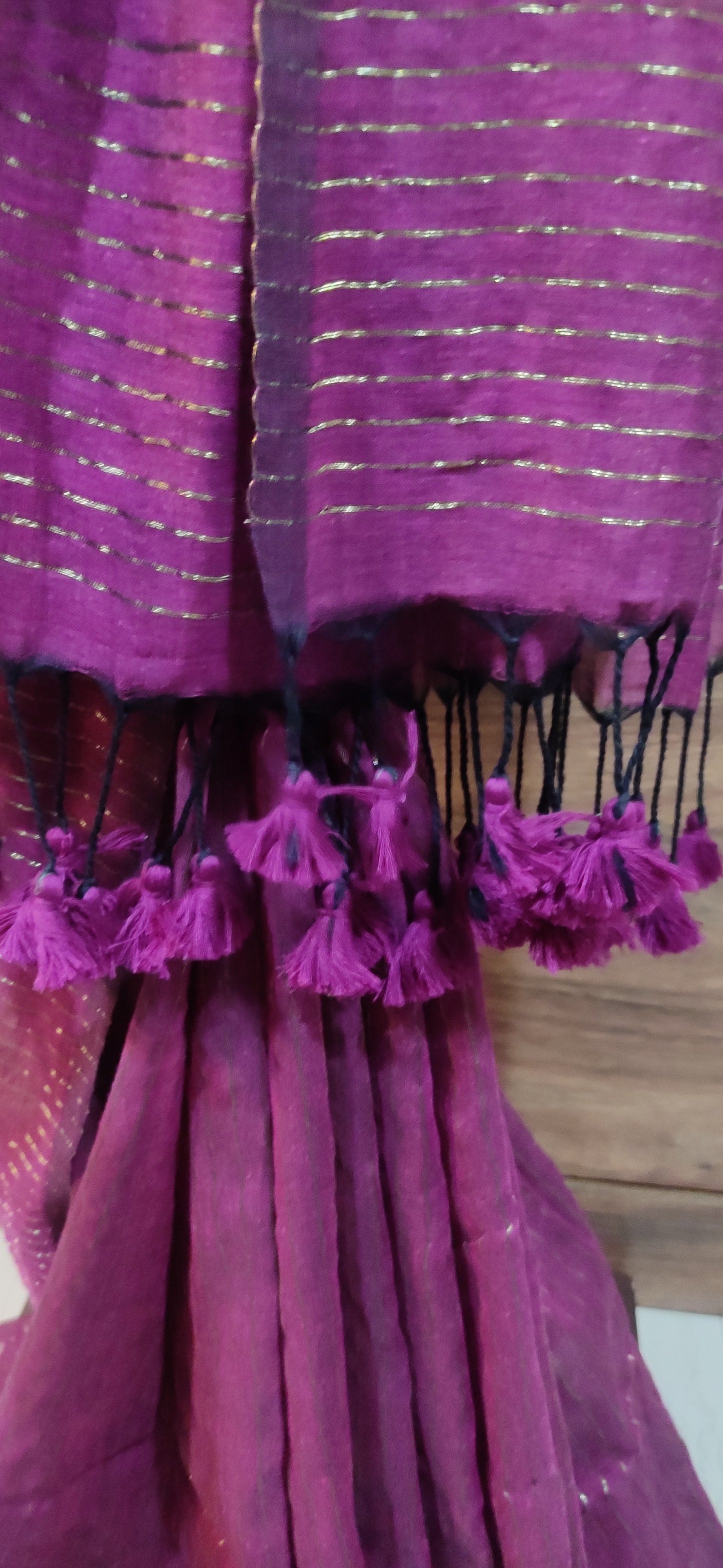 Wine Mul Cotton Vertical zari stripped Saree