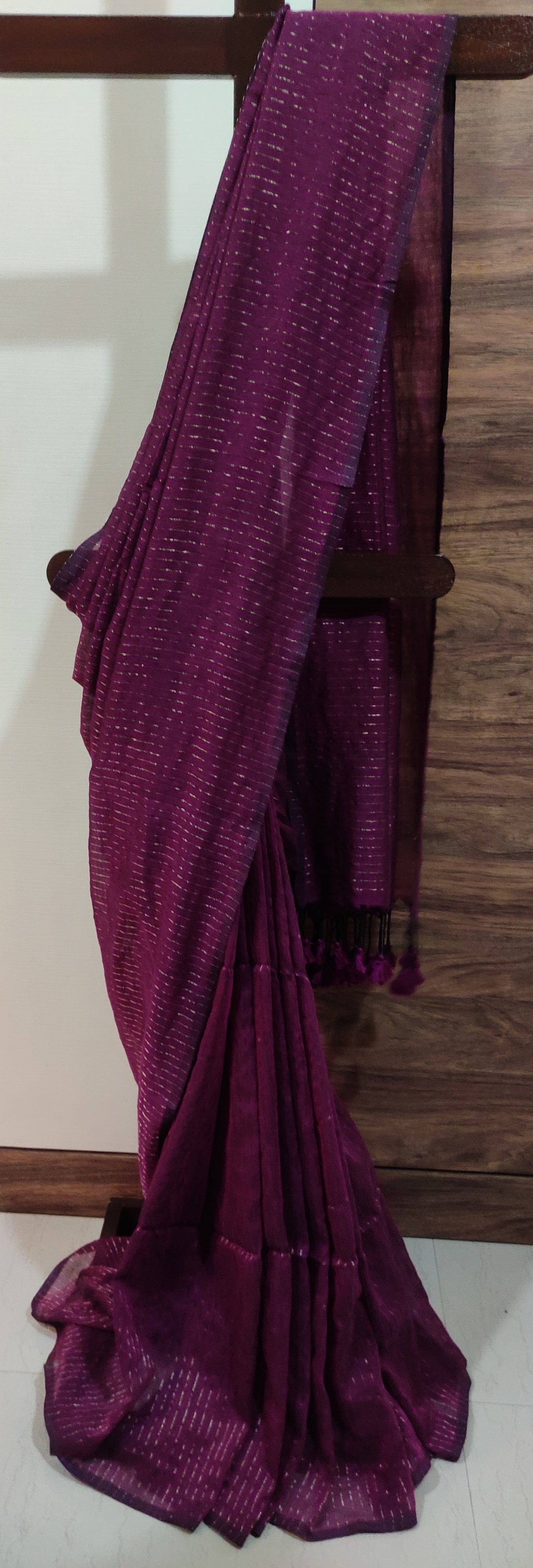 Wine Mul Cotton Vertical zari stripped Saree