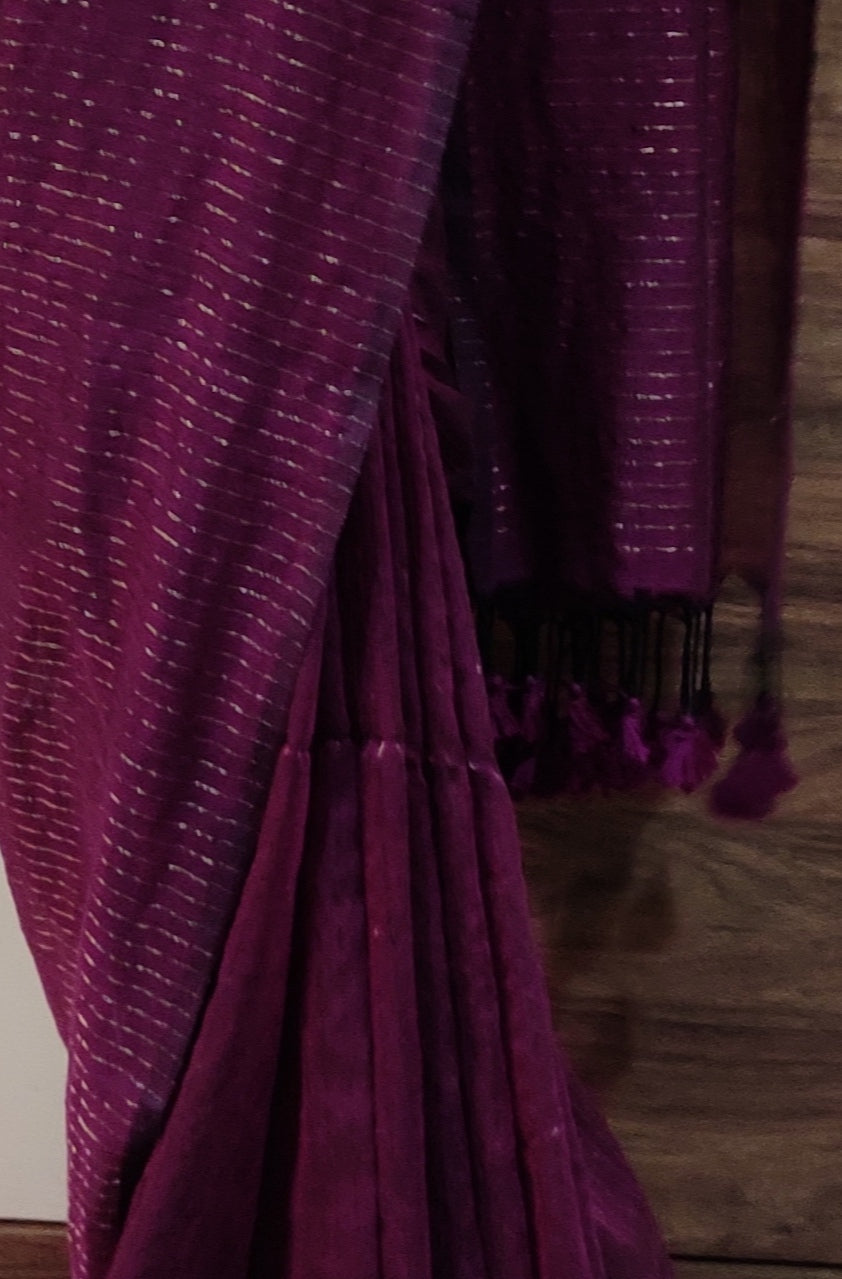 Wine Mul Cotton Vertical zari stripped Saree