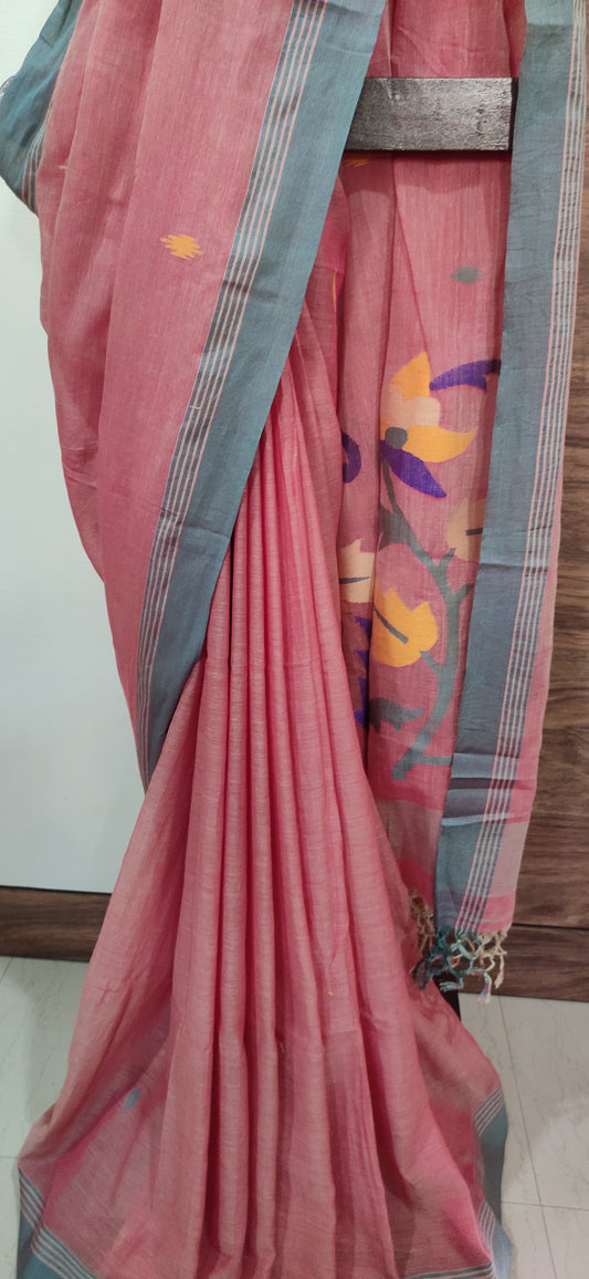 Peach pink shaded handspun Pure Muslin Cotton handloom Jamdani