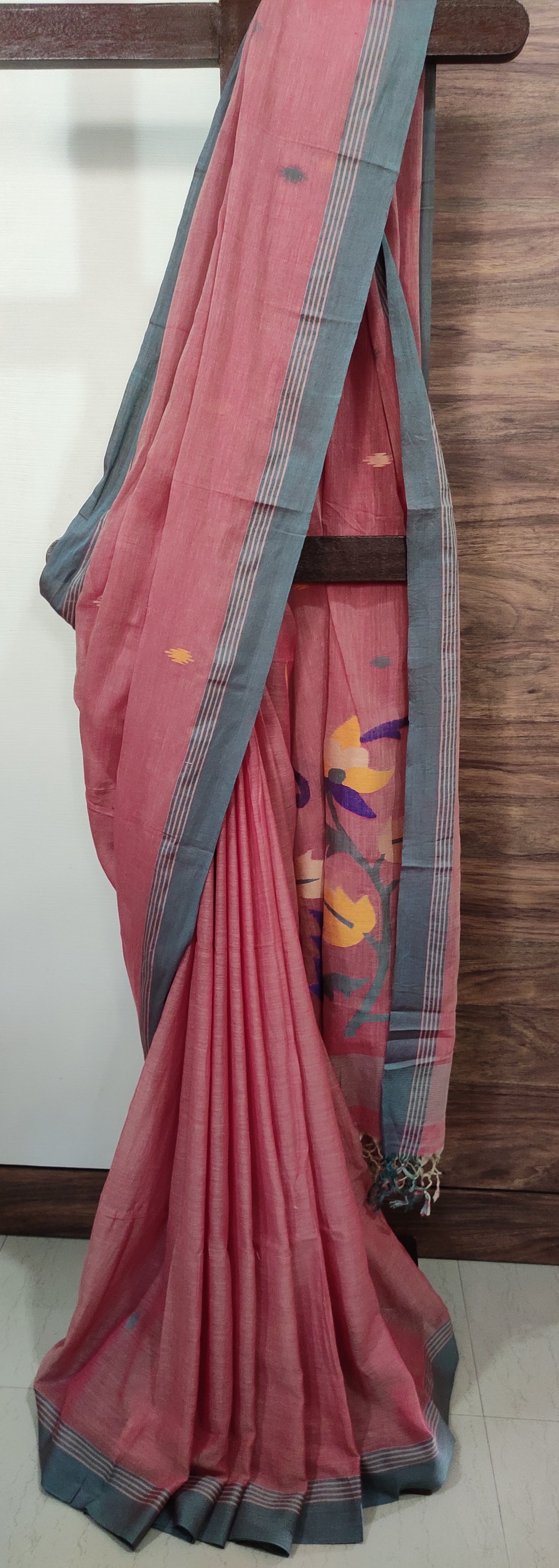 Peach pink shaded handspun Pure Muslin Cotton handloom Jamdani