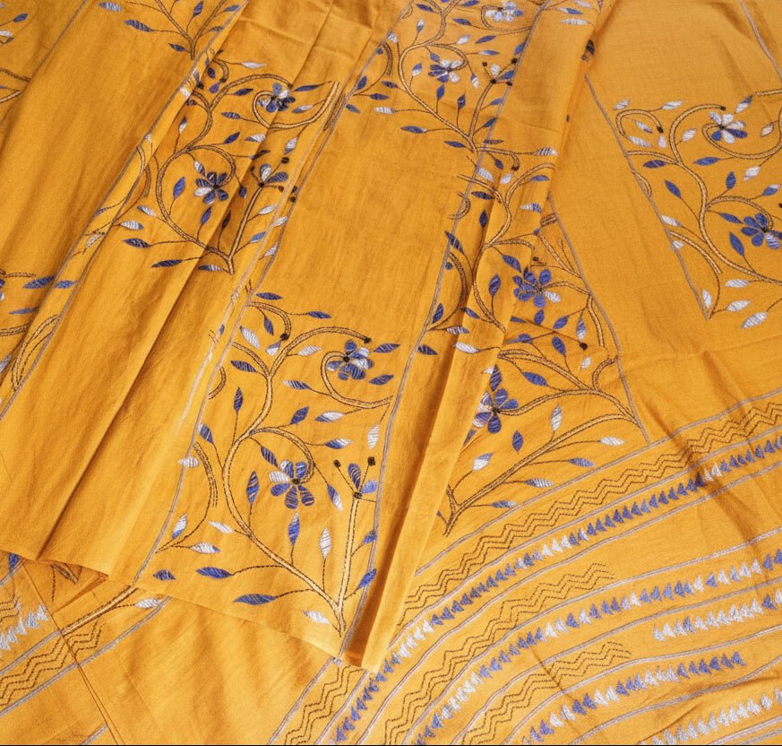 Exclusive Kantha Stitch Done Mustard Yellow Khesh Cotton Saree