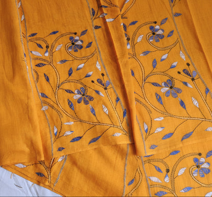Exclusive Kantha Stitch Done Mustard Yellow Khesh Cotton Saree