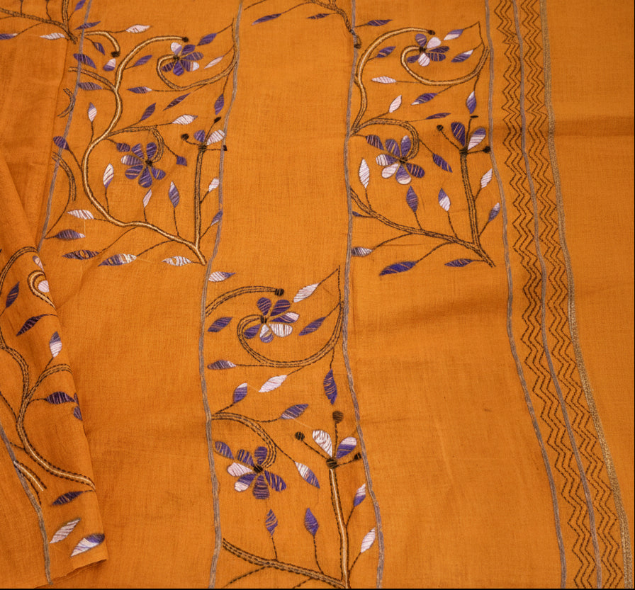 Exclusive Kantha Stitch Done Mustard Yellow Khesh Cotton Saree