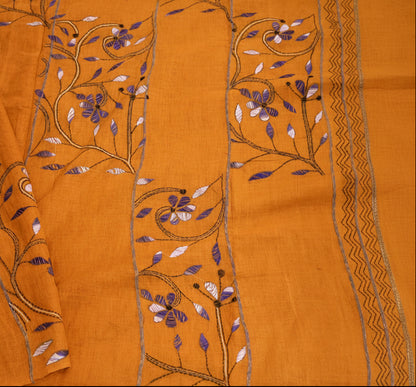 Exclusive Kantha Stitch Done Mustard Yellow Khesh Cotton Saree