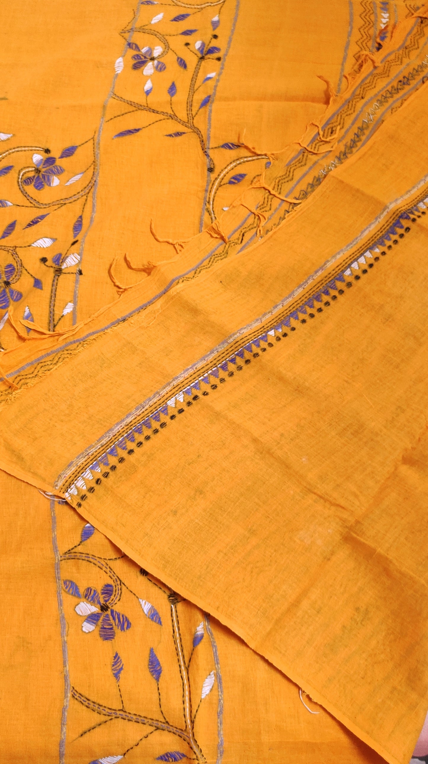 Exclusive Kantha Stitch Done Mustard Yellow Khesh Cotton Saree