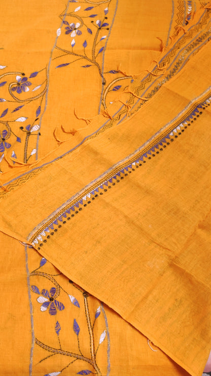 Exclusive Kantha Stitch Done Mustard Yellow Khesh Cotton Saree