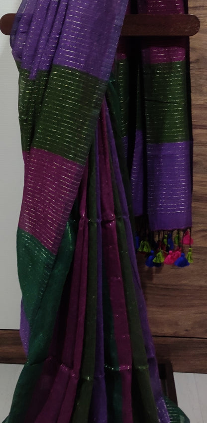Dark Shaded Multicolored Mul Cotton Vertical zari stripped Saree