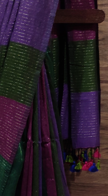 Dark Shaded Multicolored Mul Cotton Vertical zari stripped Saree
