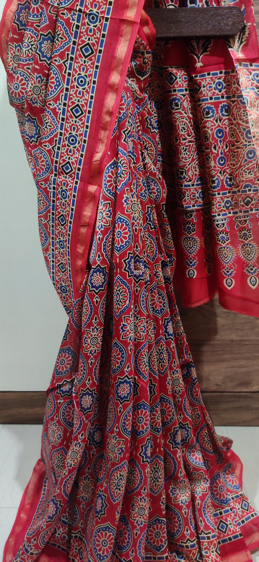 Red Chanderi Silk Cotton Hand Block Printed  Saree
