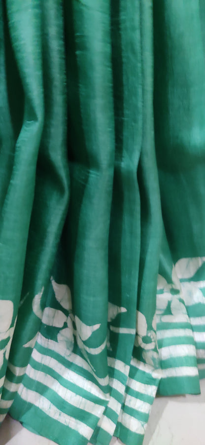 Green Siuli Phool Hand Batik Pure Silk Saree