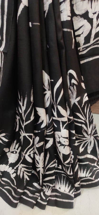 Eternal Black Flying Bird Hand Batik Pure Silk Saree