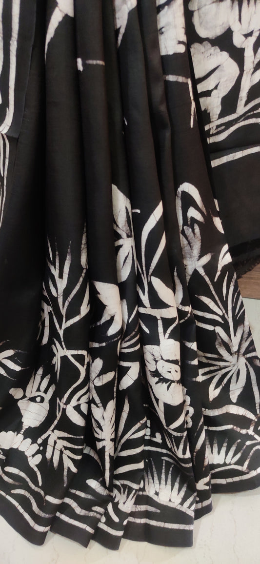 Eternal Black Flying Bird Hand Batik Pure Silk Saree