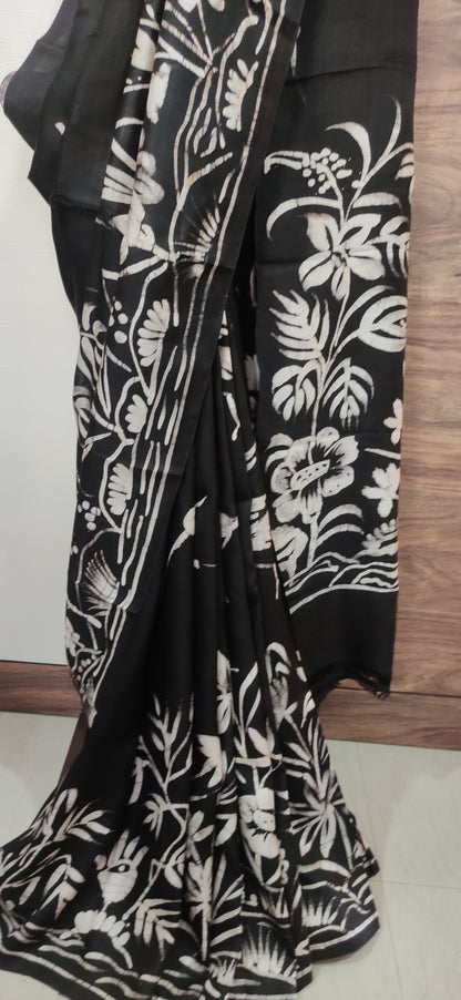 Eternal Black Flying Bird Hand Batik Pure Silk Saree