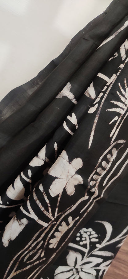 Eternal Black Flying Bird Hand Batik Pure Silk Saree