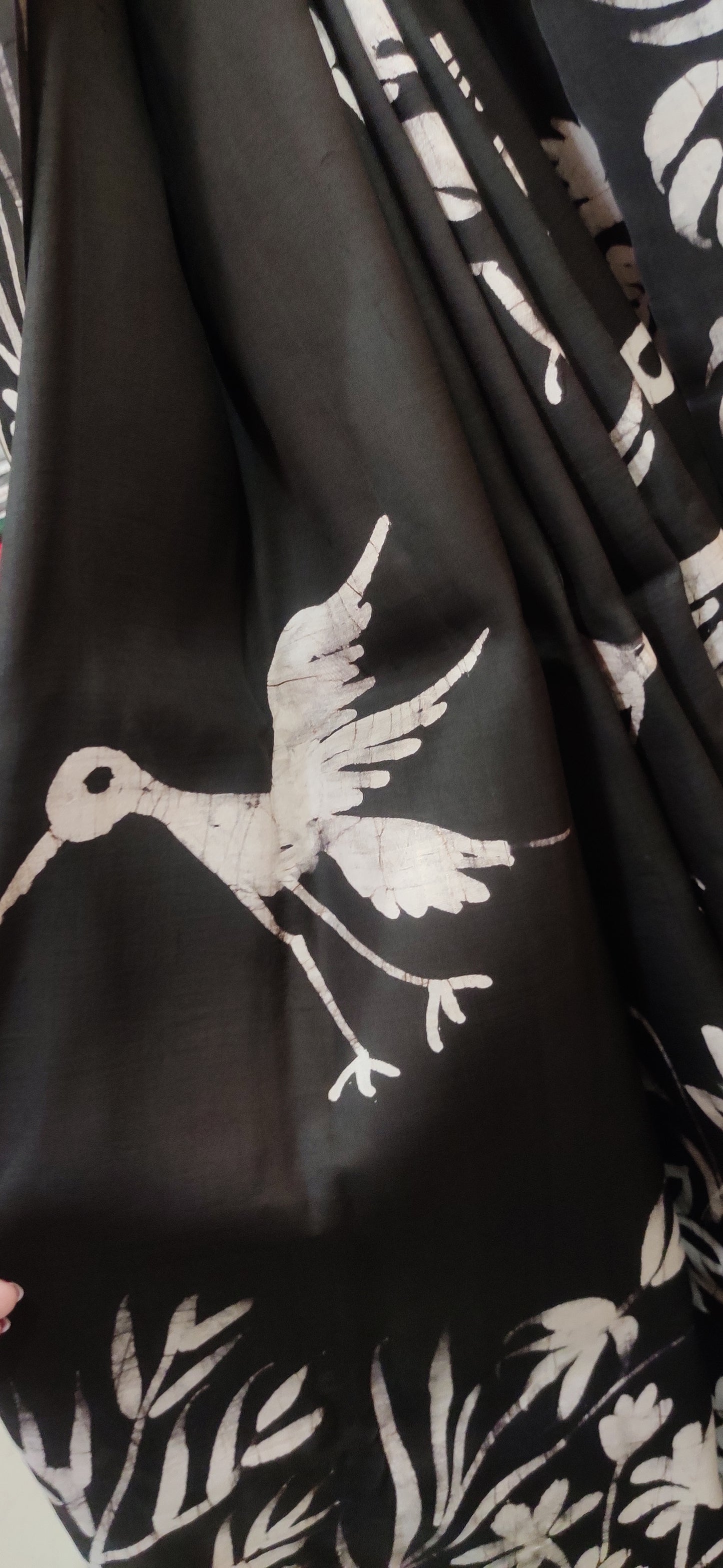Eternal Black Flying Bird Hand Batik Pure Silk Saree