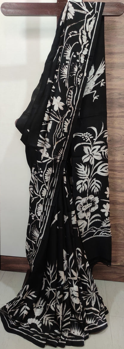 Eternal Black Flying Bird Hand Batik Pure Silk Saree