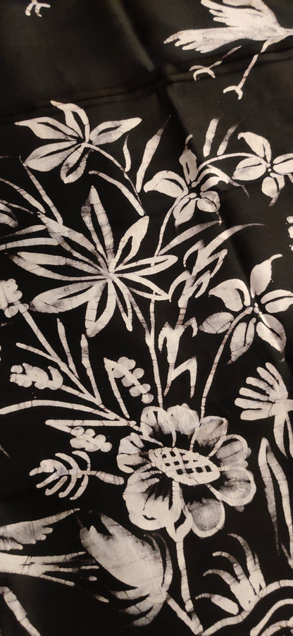 Eternal Black Flying Bird Hand Batik Pure Silk Saree
