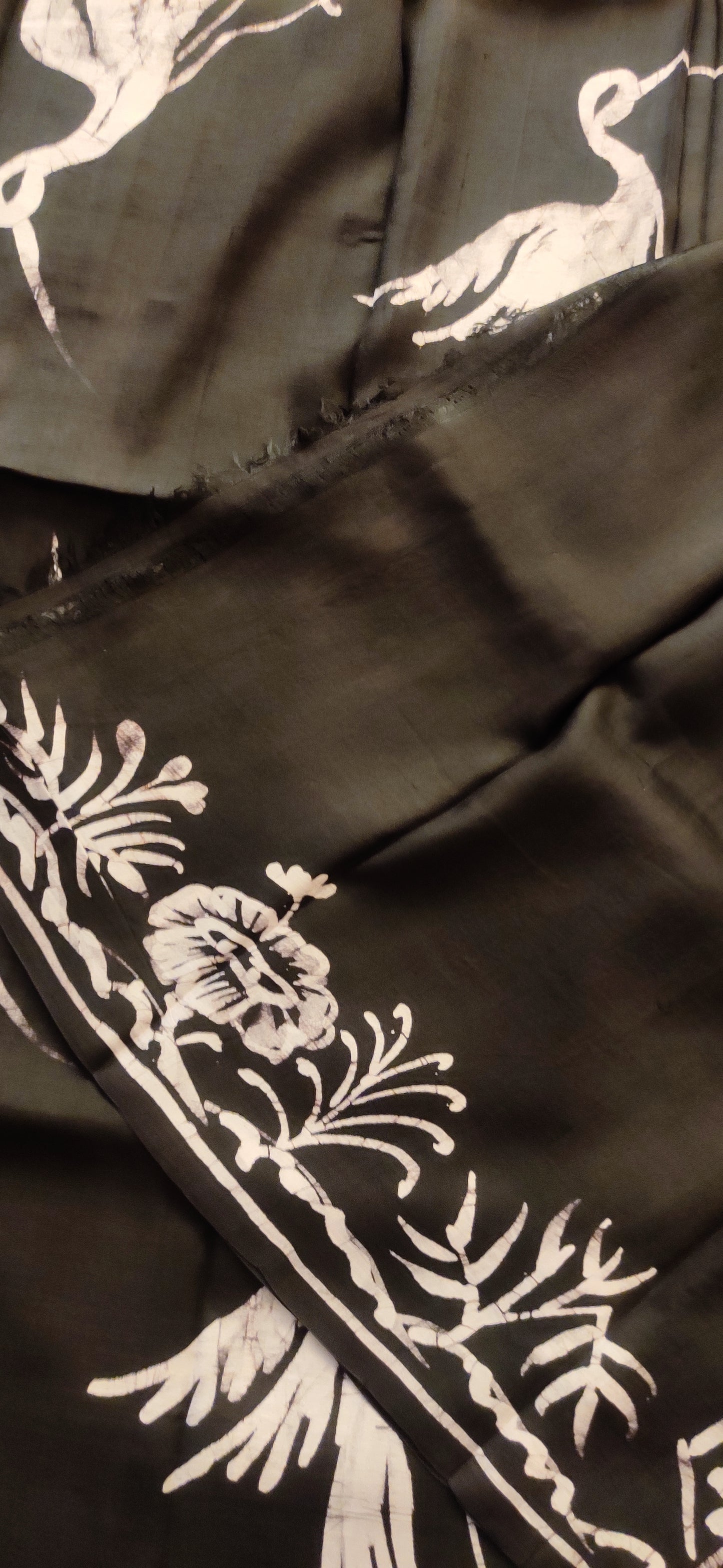 Eternal Black Flying Bird Hand Batik Pure Silk Saree