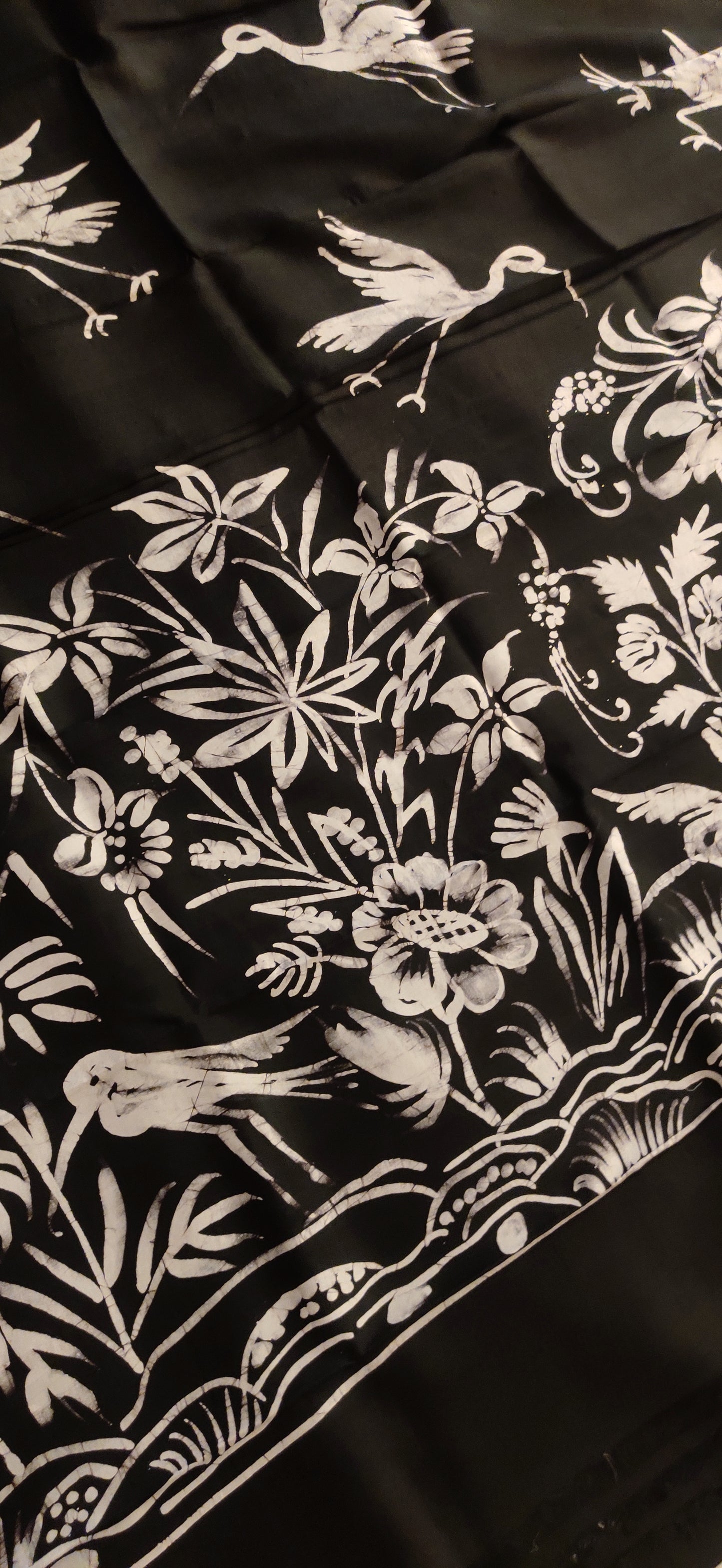 Eternal Black Flying Bird Hand Batik Pure Silk Saree