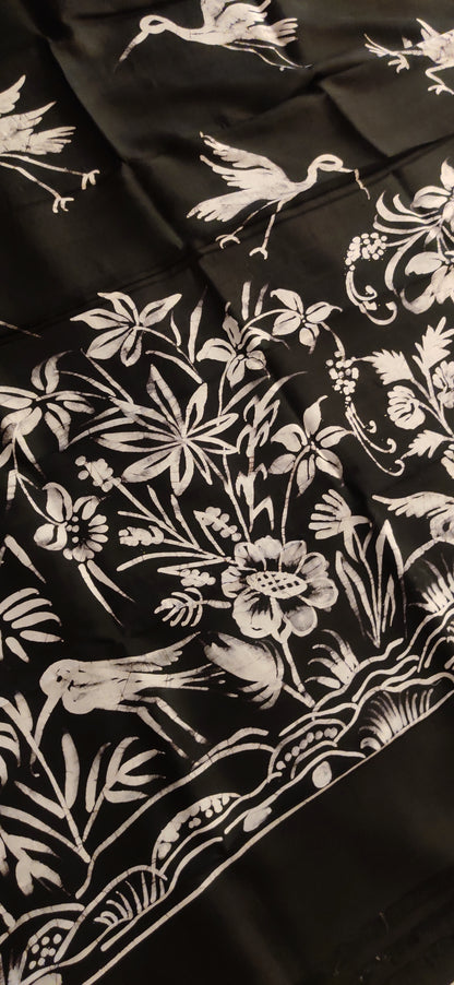Eternal Black Flying Bird Hand Batik Pure Silk Saree