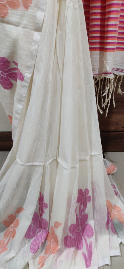 White Slab Cotton Threaded Orange & Pink Floral motif done border saree