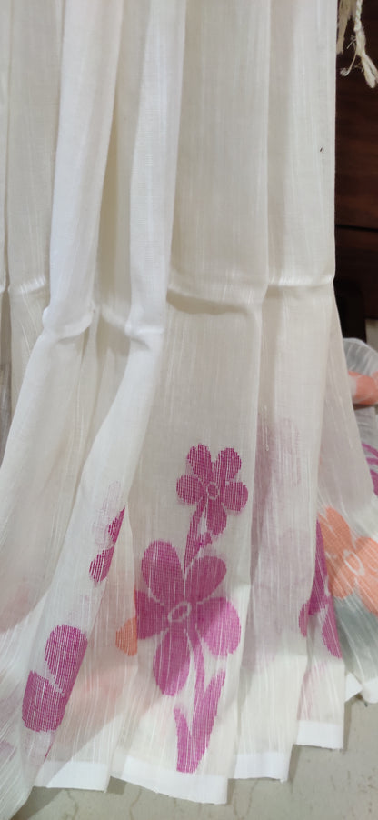 White Slab Cotton Threaded Orange & Pink Floral motif done border saree