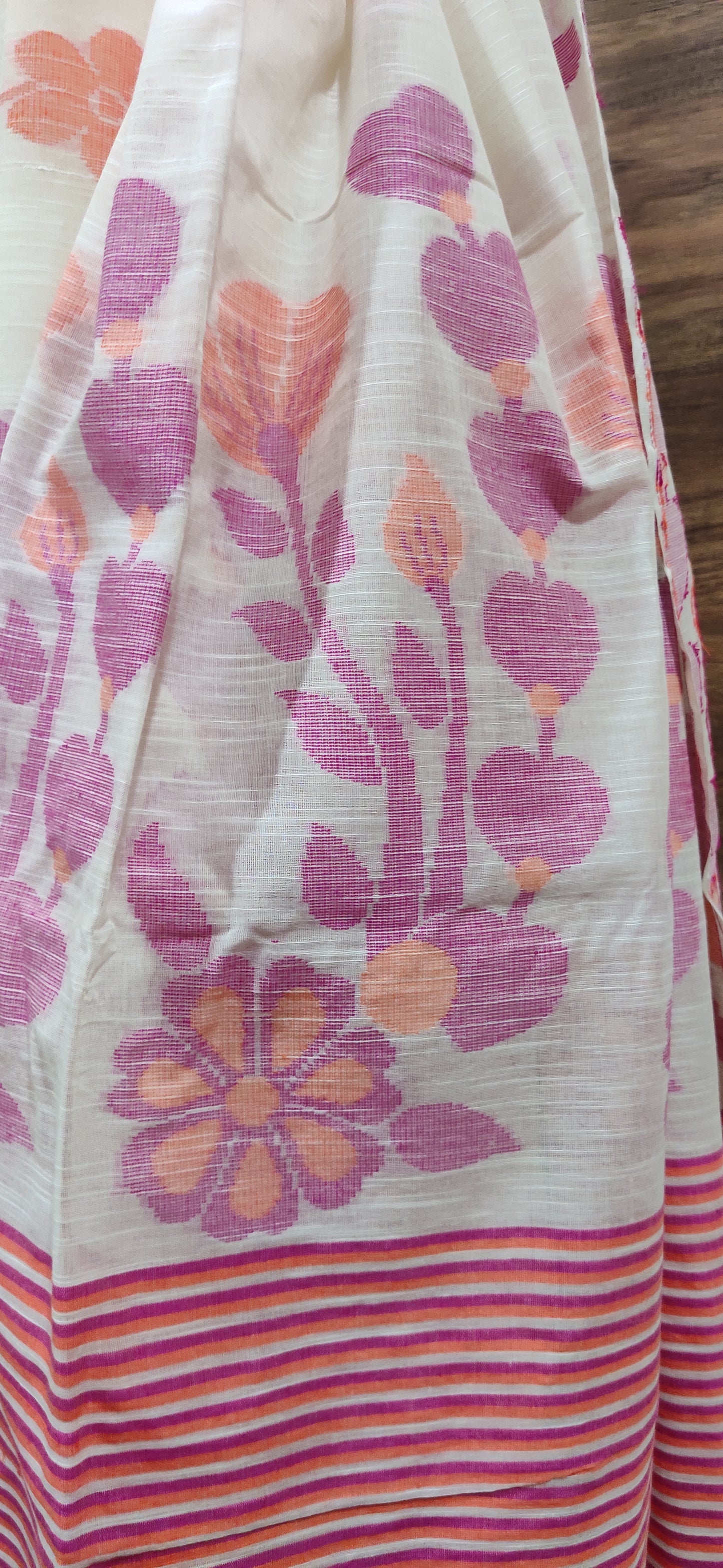 White Slab Cotton Threaded Orange & Pink Floral motif done border saree