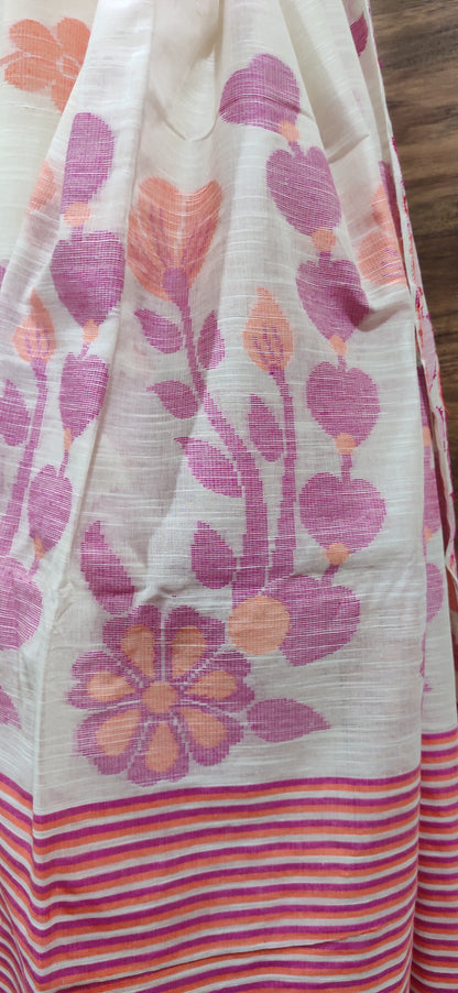 White Slab Cotton Threaded Orange & Pink Floral motif done border saree