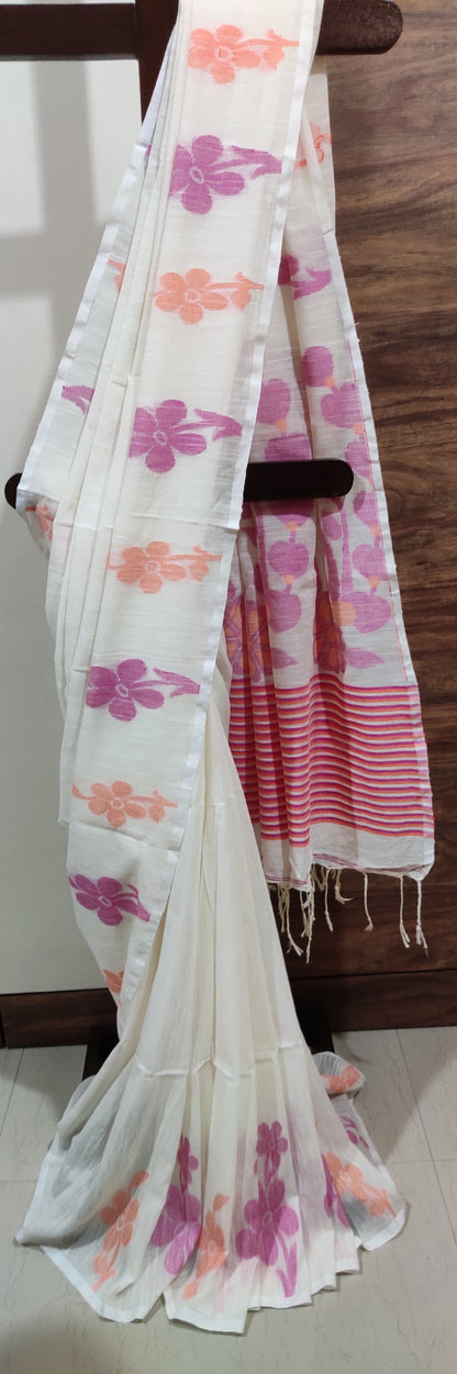 White Slab Cotton Threaded Orange & Pink Floral motif done border saree