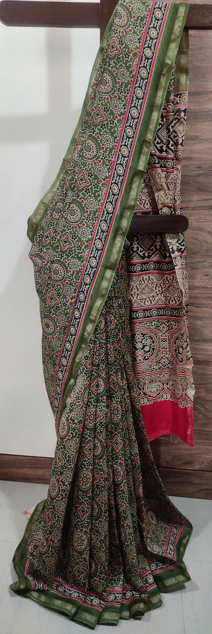 Green Chanderi Silk Cotton Hand Block Printed  Saree
