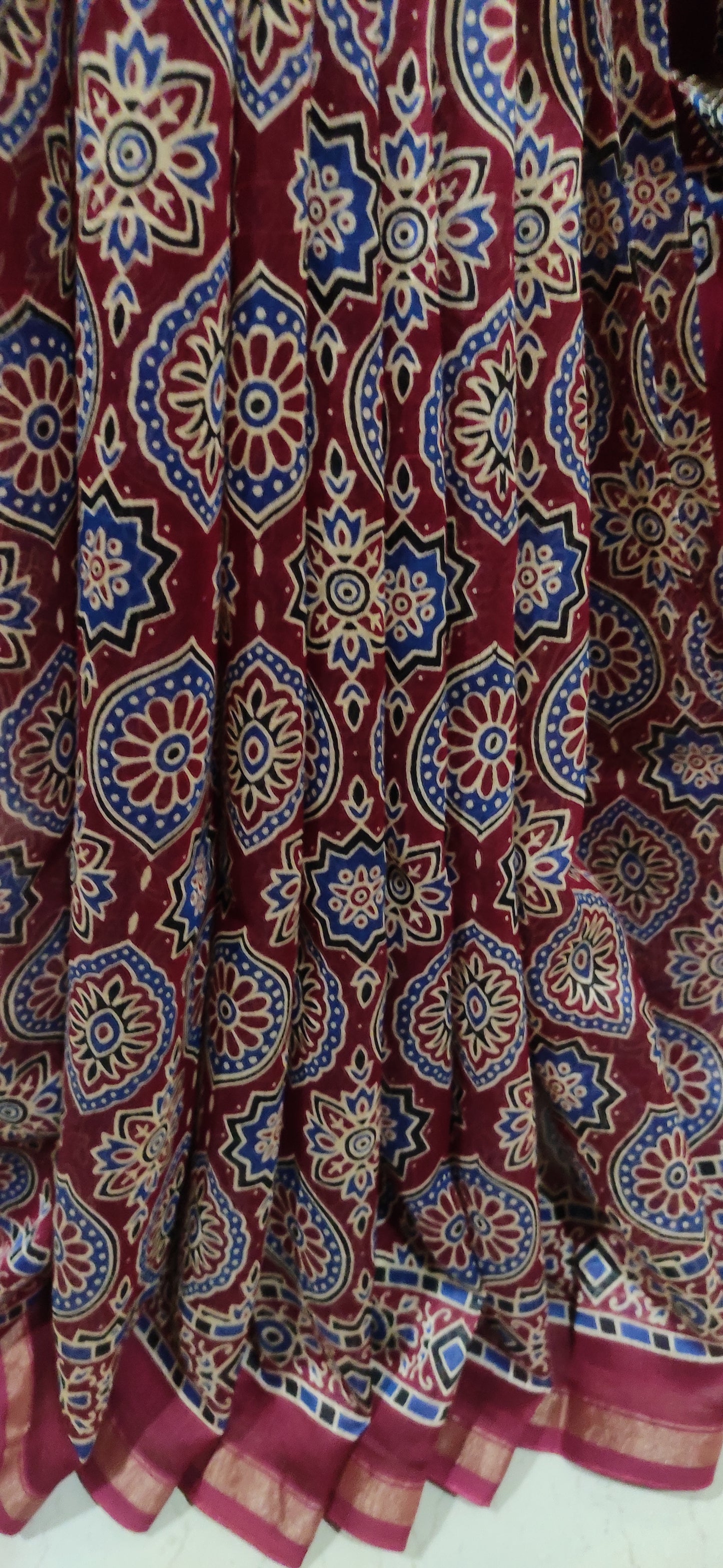 Maroon Chanderi Silk Cotton Hand Block Printed  Saree