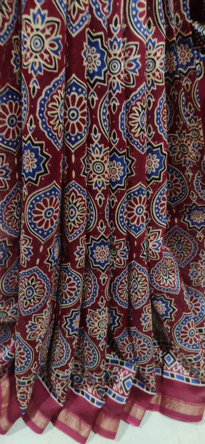 Maroon Chanderi Silk Cotton Hand Block Printed  Saree