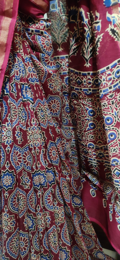 Maroon Chanderi Silk Cotton Hand Block Printed  Saree