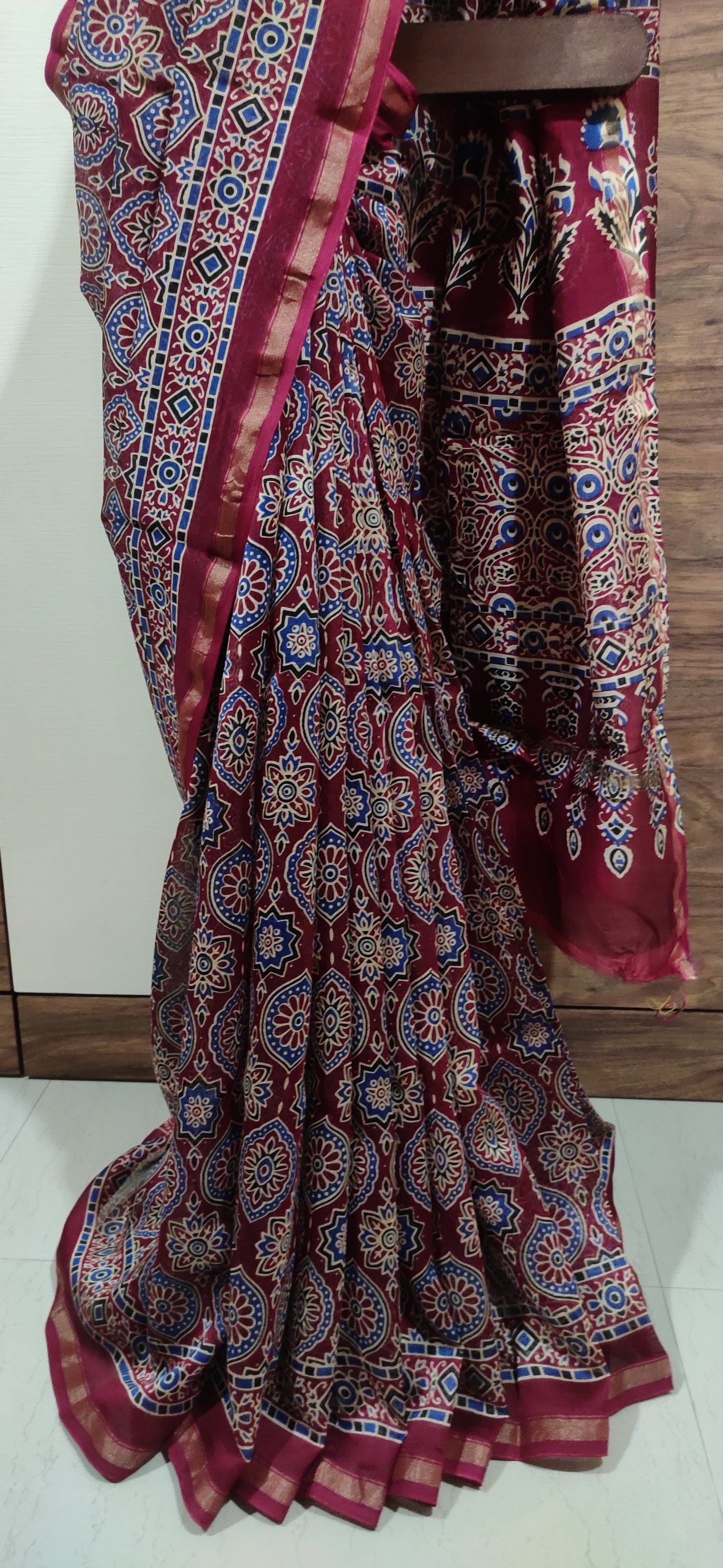 Maroon Chanderi Silk Cotton Hand Block Printed  Saree