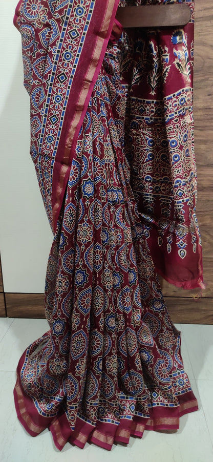 Maroon Chanderi Silk Cotton Hand Block Printed  Saree