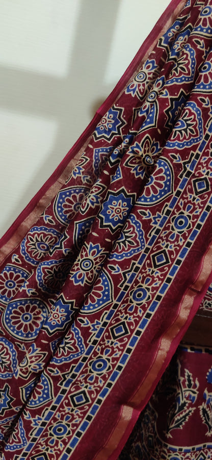 Maroon Chanderi Silk Cotton Hand Block Printed  Saree