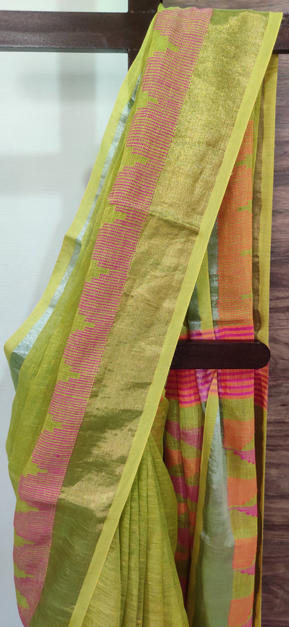 Light Green Temple Border Linen Handloom Saree