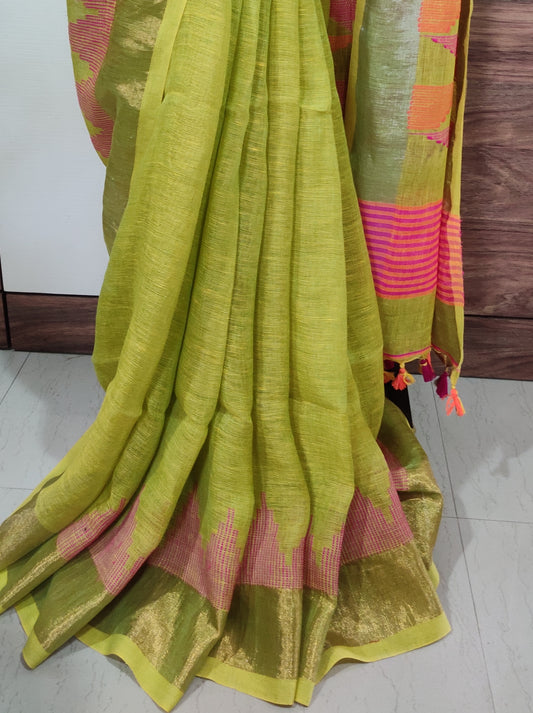 Light Green Temple Border Linen Handloom Saree