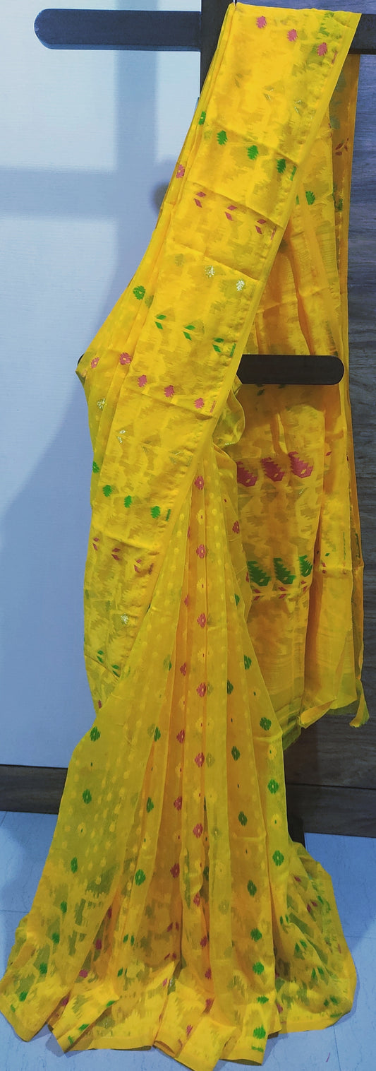 Yellow Soft Silk Cotton Jamdani Inspired Saree