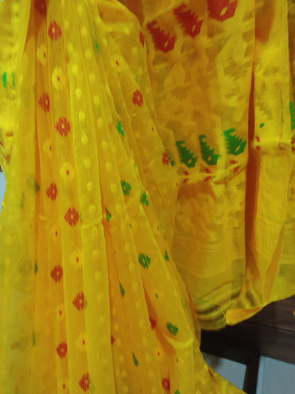 Yellow Soft Silk Cotton Jamdani Inspired Saree