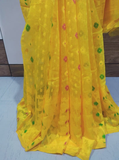 Yellow Soft Silk Cotton Jamdani Inspired Saree