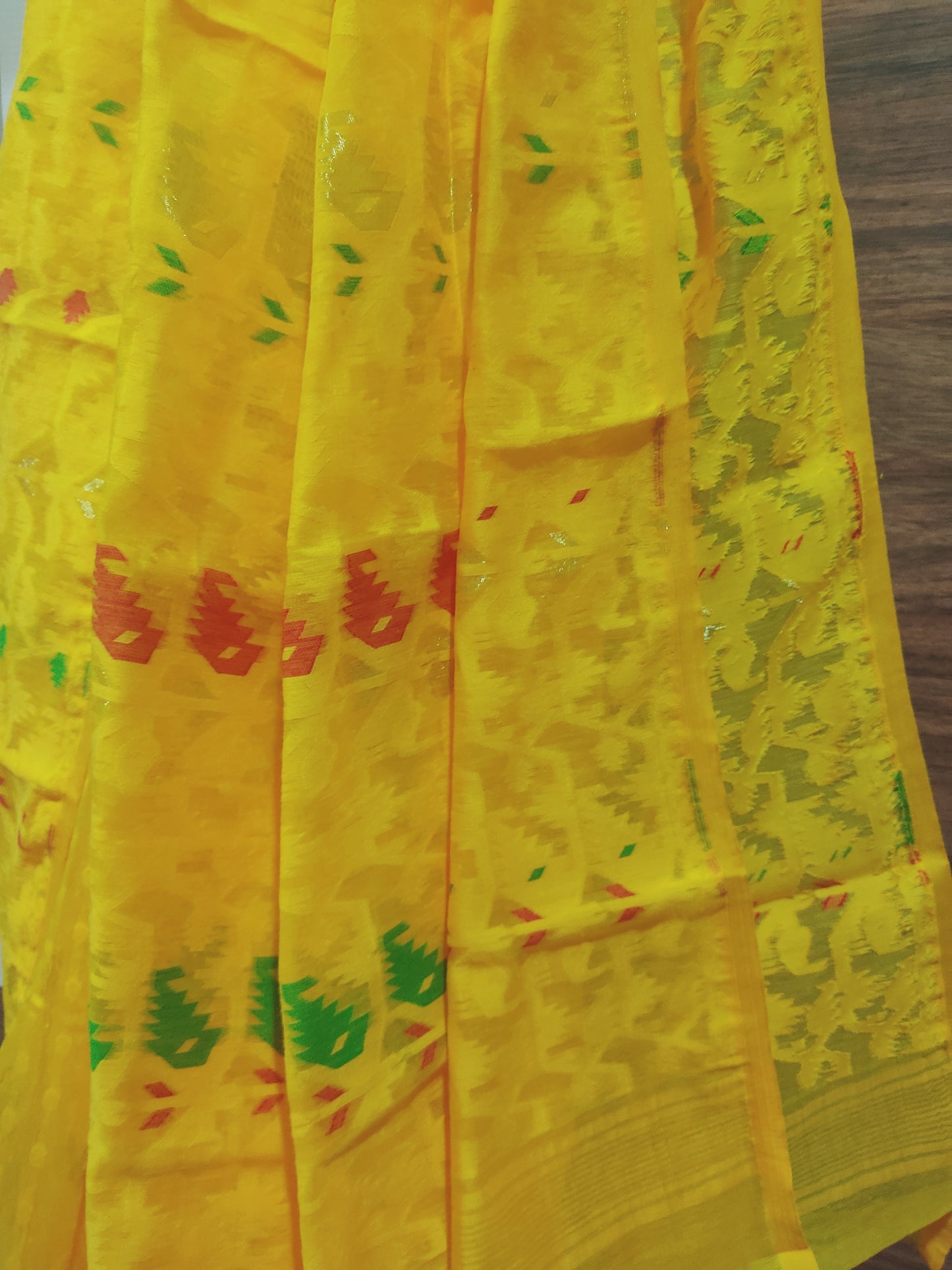 Yellow Soft Silk Cotton Jamdani Inspired Saree
