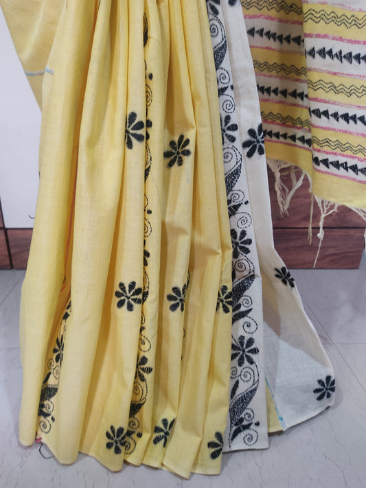 Handmade Kantha Stitch done Yellow-White Khesh Cotton Patuli Pallu Saree