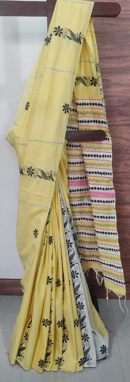 Handmade Kantha Stitch done Yellow-White Khesh Cotton Patuli Pallu Saree