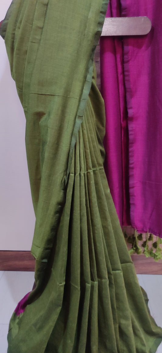 Plain body with contrast pallu Soft viscose cotton Saree
