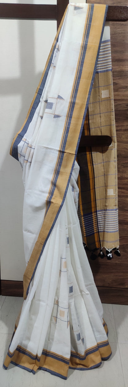 Tic-Tac-Toe Off-White Khadi Handloom Saree