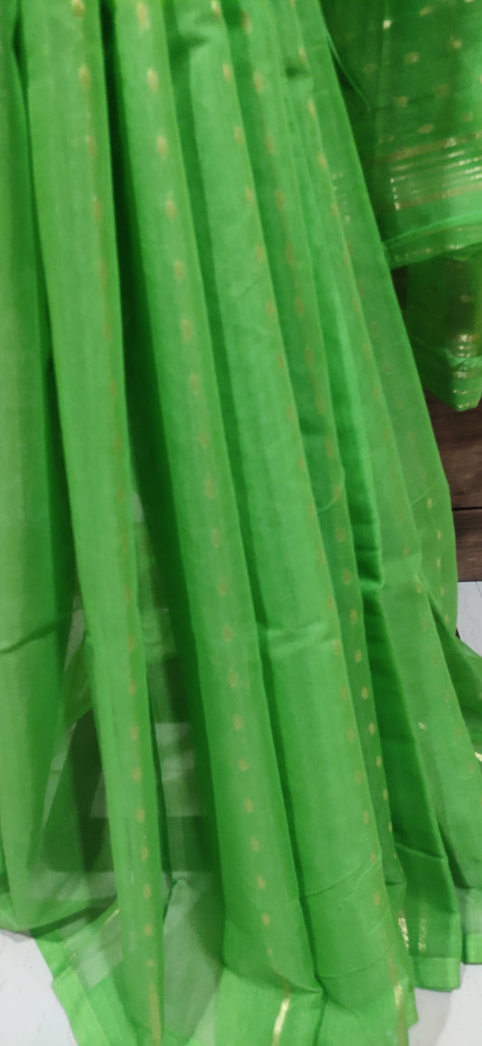 Jamdani Inspired Parrot Green Silk Cotton Zari Worked Saree
