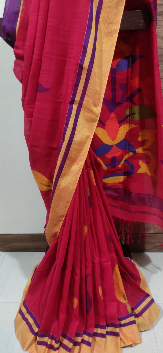 Red handspun soft slab Cotton handloom Jamdani